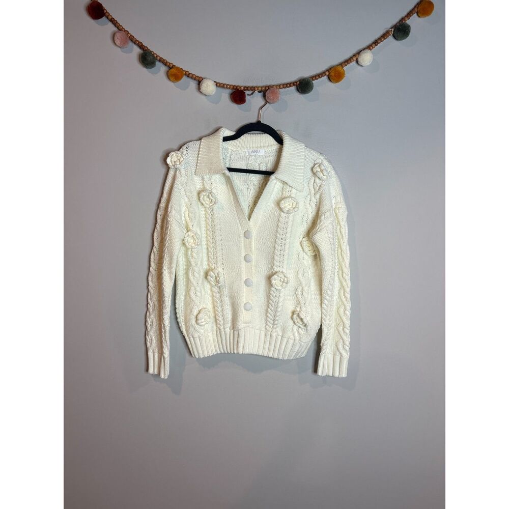 Avara cream pom pom flower collared sweater
